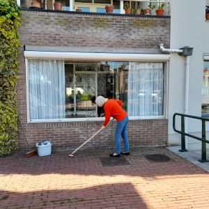 3 mei 2023. Gras wieden tussen de straatstenen.
