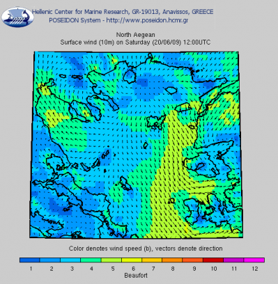 De prognose van Poseidon voor morgen 12 uur UTC, dat is 15.00 uur lokale tijd. In het oosten waait de meltemi nog maar in het westen gaat de wind draaien