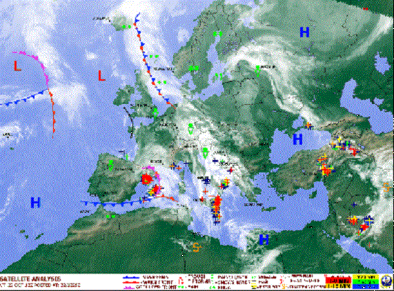 De Sembach satellietanalyse van vanmiddag. Let op de heftige regen ten westen van Kreta en het Laag bij Barcelona. Dat is de boosdoener en hij schuift de komende dagen naar het oosten en lijkt snel op te vullen