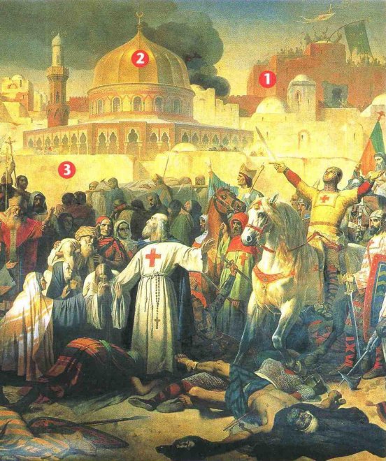 De verovering van Jeruzalem door de kruisvaarders op 15 juli 1099. 1) De Heilige Graf Kerk. 2) De Rotskoepel. 3) Stadsmuren. Emil Signol, Museum van het kasteel Versailles