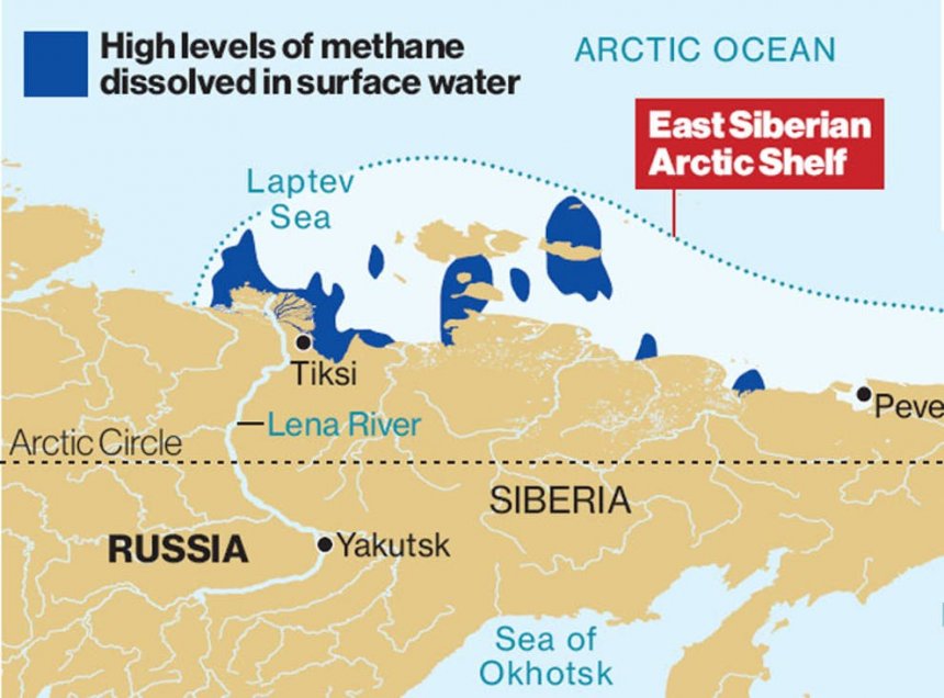 In blauw: hoge concentraties van methaangas in oppervlaktewater in de Arctische Zee (bron: The Independent)