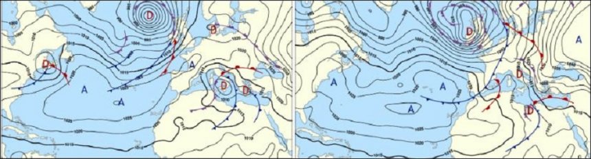 Weerkaart Meteo France voor vandaag, een week geleden berekend door Meteo France. Daarnaast de werkelijkheid van heden.