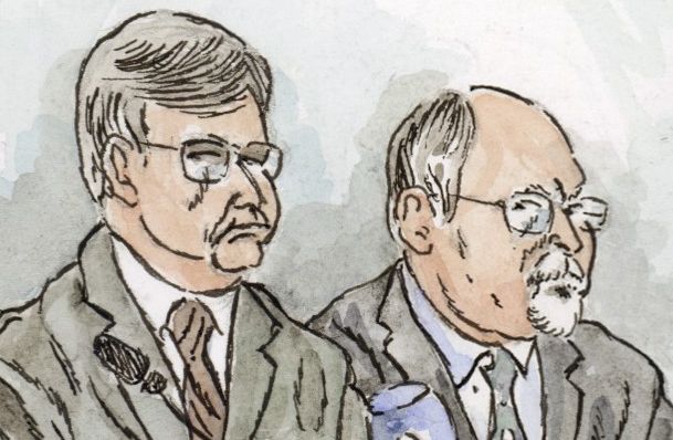 Kingma en ik op een tekening van Jan Hensema, rechtbanktekenaar