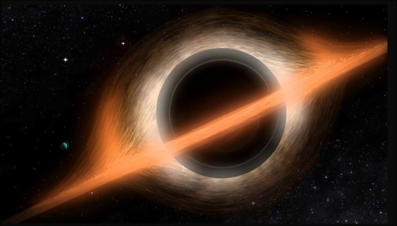 Het zwarte gat in de fim 'Interstellar', vorm gegeven door fysicus Kip Thorne. Zo zou het eruit moeten zien. In oranje de accretieschijf, in grijs en zilverkleur de Einsteinring. Het gat is zelf een bol,waarin de singulariteit eeuwig schuil gaat