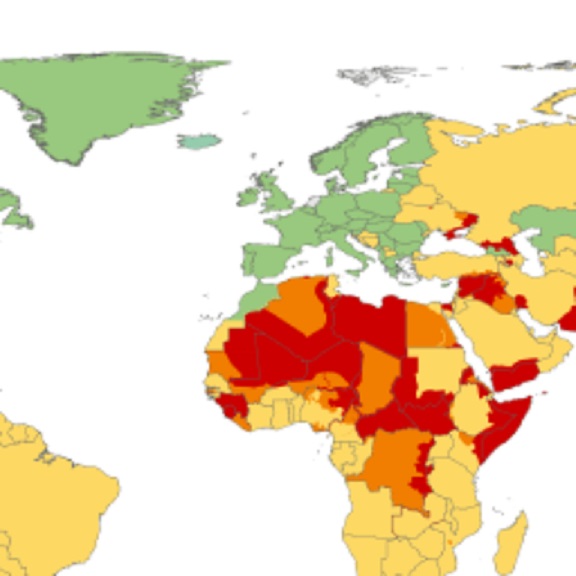 No go areas voor toeristen, uit het Reisadvies van BuZa. Rood: niet reizen; oranje: alleen noodzakelijke reizen; geel: veiligheidsrisico's