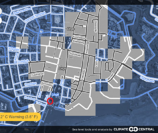 Overstroming in 2100 van de Gorcumse binnenstad bij 2 graden opwarming. Prognose op Climatecentral.org. Rode cirkel is ons huis.
