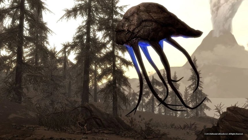 Een van de vreemde wezens (Netch) op het eiland Soltsheim in de uitbreiding Dragonborn van Skyrim