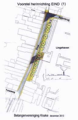 Voorstel van KNAKE voor herinrichting van het Eind als autoluwe wandelpromenade.