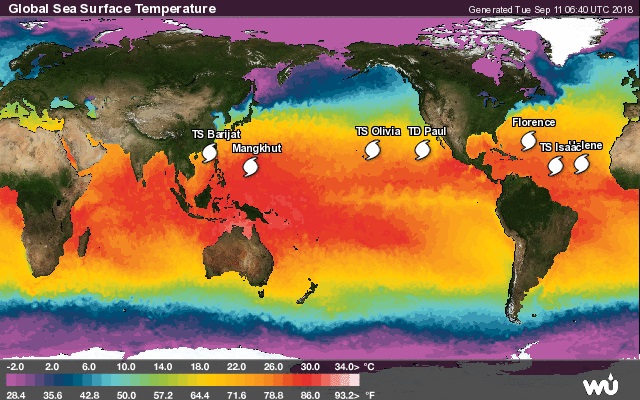 Vijf orkanen boven de Pacific en de Atkantische Oceaan (op 11-09-2018, bron: Wunderground.com)
