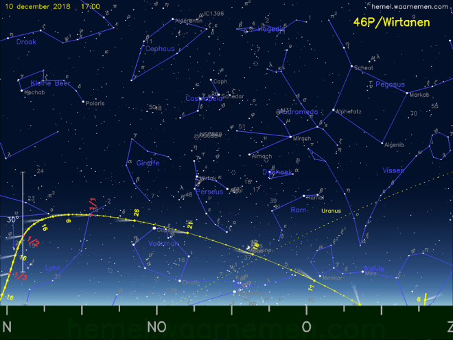 Laag in het noordoosten is vanavond misschien de komeet 46P/Wirtanen te zien (kaart: hemel.waarnemen.com)