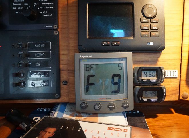 Windkracht 9 uit het zuiden op het display vanmorgen. Dat is lang geleden.