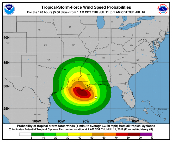 begin van het oprkaanseizoen 2019. Een tropische depressie voor de zuidkust van de VS kan uitgroeien tot de eerste orkaan.(bron: NHC NOAA)