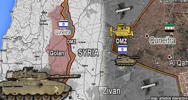 De Golanhoogten, de DMZ (De-Militiairised Zone) en de Syrische plaats Kuneitra