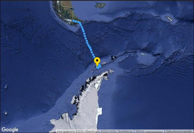 De positie van de bark Europa op 14 januari 2020: South Shetlands eilanden.