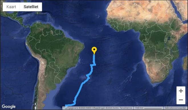De positie van de Bark Europa op 30 april 2020.