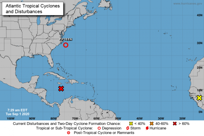 Het Orkaanseizoen 2020. Vandaag drie tropische depressies op de Atkantische Oceaan. Alleen die in de Caribean heeft 80% kans een orkaan tre worden (bron: NOAA)