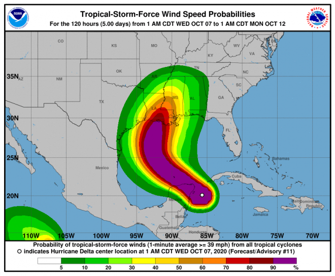 Tropische storm Delta is op weg naar het Mexicaanse schiereiland Yucatan (bron: NOAA)