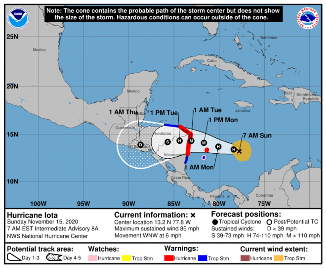 Orkaan Iota gaat in de nacht van maandag op dinsdag aan land als Major Hurricane (M). Bron: NOAA