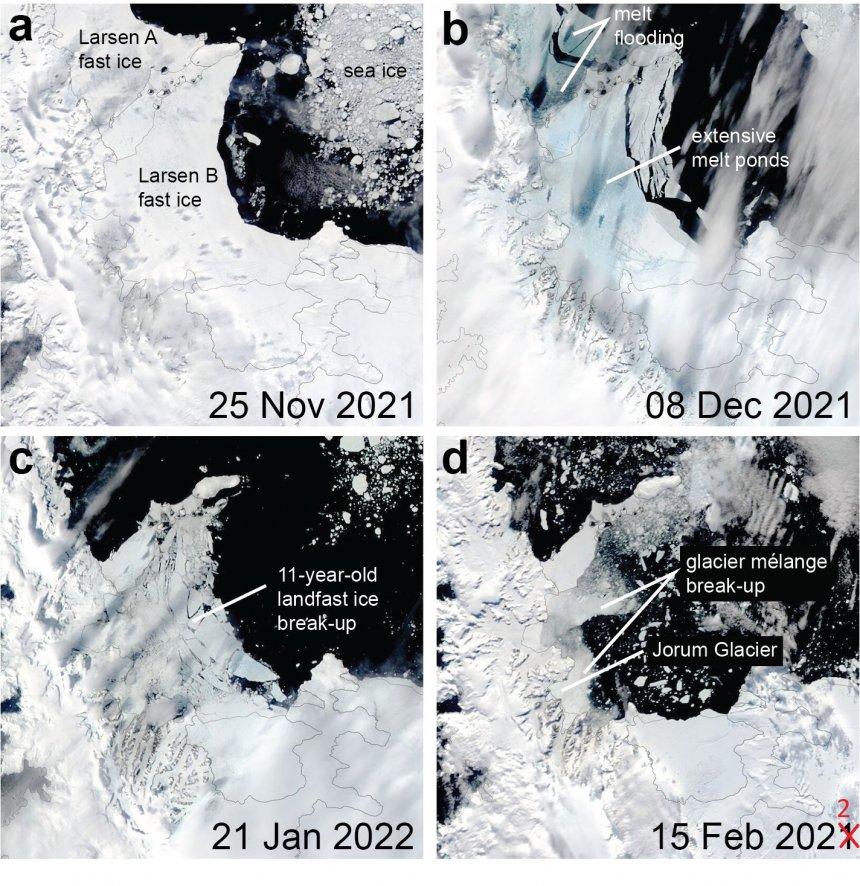 Het snelle uiteenvallen van het Larsen B ijsplateau en de Jorumgletsjer er achter. NB per abuis staat rechtsonder 2021, moet 2022 zijn (Credit: NASA )