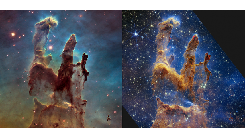 De Zuilen der Schepping, links op de Hubble-foto van 2014, rechts de nieuwe van de James Webb ruimtelescoop.