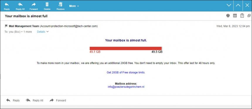 De phishing-email die gisteren in mijn emailbox zat.