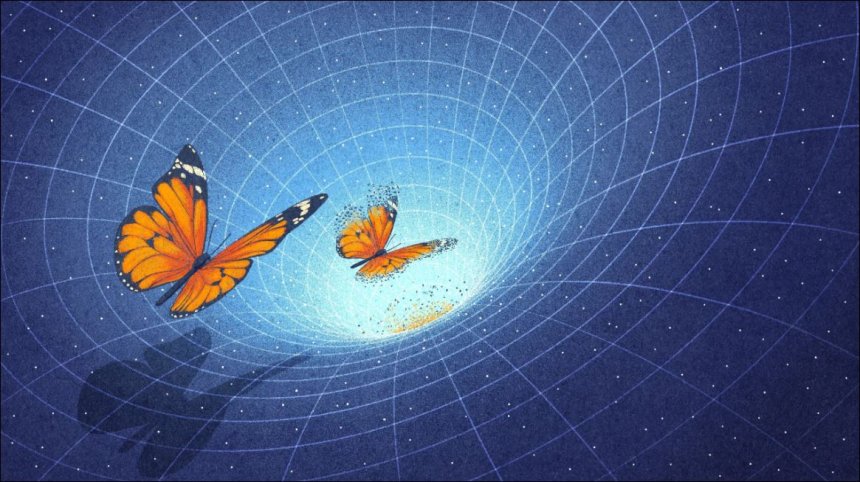 Een holografisch wormgat zou informatie op de ene plaats door elkaar kunnen haspelen en op een andere weer samenstellen, alsof  een orkaan in Houston vlinders uiteen trekt die heel weer opduiken in een cycloon in Tokyo. (Myriam Wares for Quanta Magazine