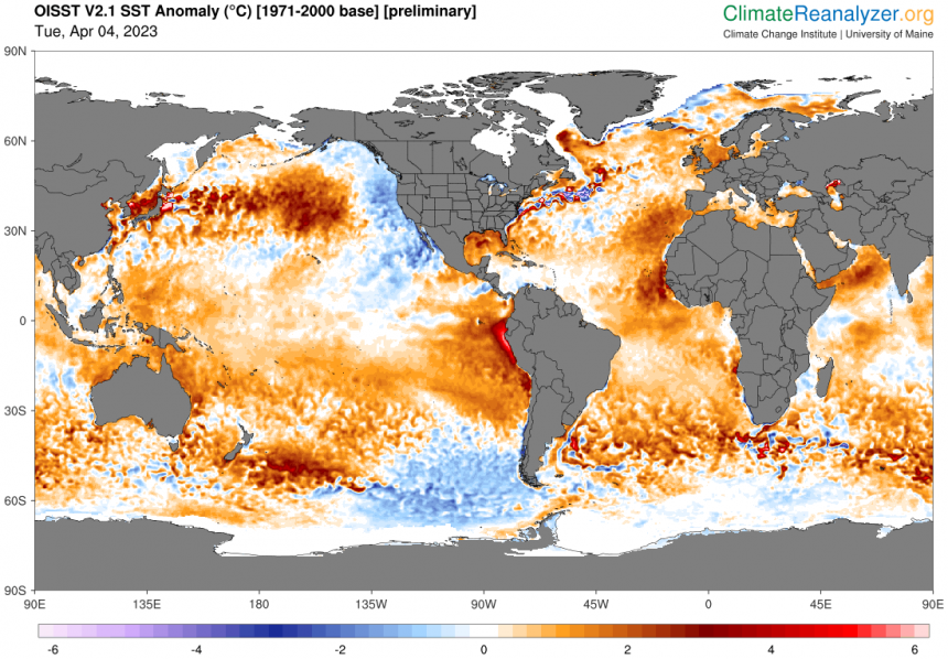 De afwijkingen van de gemiddelde temperaturen aan het zeeoppervlak  t.o,v. 1917 - 2000. Laatste overzicht 4 april 2023 (Climatereananlyzer,org)