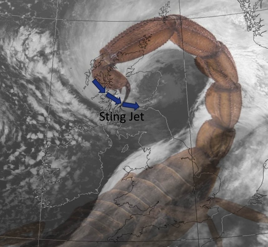 Storm Carian. Men voorspelt een 'sting jet' voor a.s. donderdag (beeld:  severe-weather.eu)