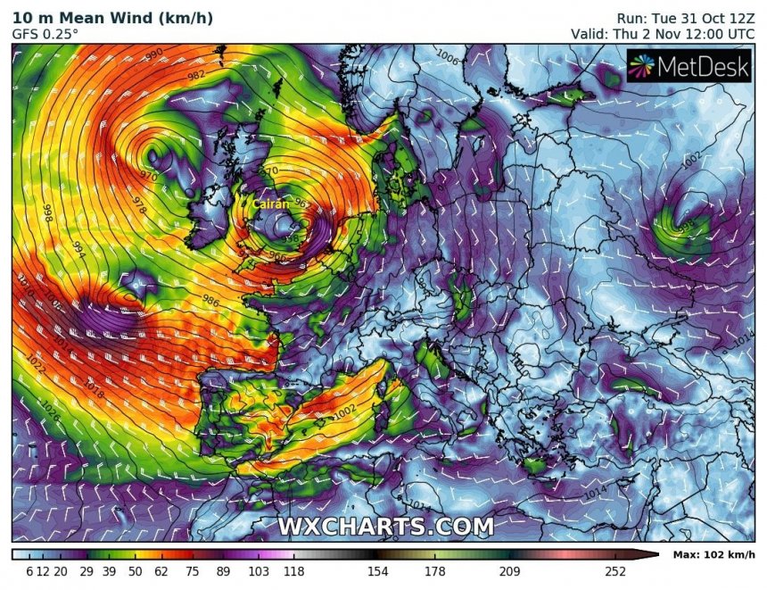 WX-prognose voor de storm Cairán op donderdag a.s. om 12 uur UTC.