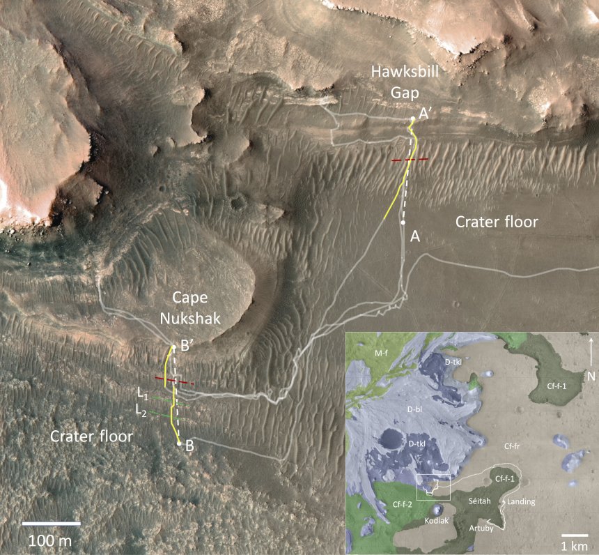 De tochten van Perseverance in het gebied van de Jezerokrater. De grondradarscans werden gemaakt bij Hawksbill Gap en Cape Nukshak (Credit: Science Advances)