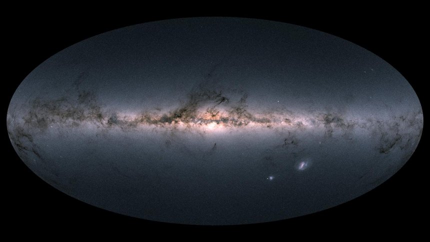 De Grote en de Kleine Magelhaense Wolken zijn rechtsonder zichtbaar op deze opname van het Melkwegstelsel door de Gaia-sateliet. (Credit: ESA/Gaia/DPAC)