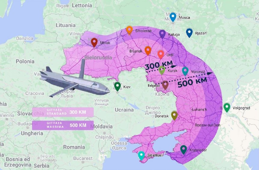 Het bereik van de Britse storm Shadow raketten (bron: agenzianova.com)