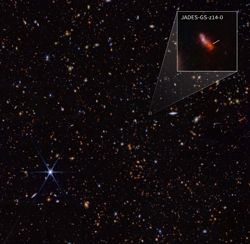 Een fascinerende opname door de James Webb ruimtetelescoop van JADES-GS-z14-0, het verste sterrenstelsel ooit waargenomen (beeld: NASA, ESA, CSA, STScI, B. Robertson (UC Santa Cruz), B. Johnson (CfA), S. Tacchella (Cambridge), P. Cargile (CfA)