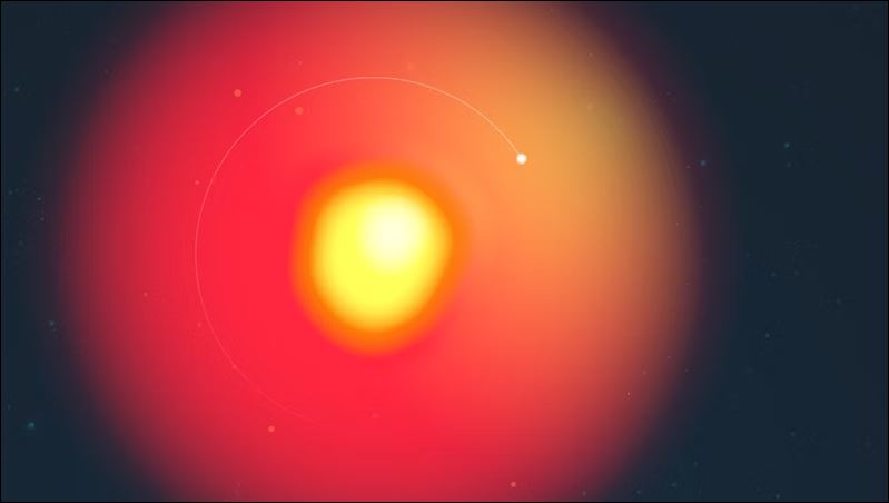 De reuzenster Betelgeuse met zijn Betelbuddy (Credit: Lucy Reading-Ikkanda/Simons Foundation)