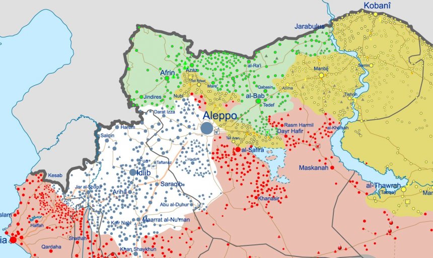 De oppositionel strijdgroepen in het noordwesten van Syrië (stand van gisteravond). Kaart van Karim Franscheschi.