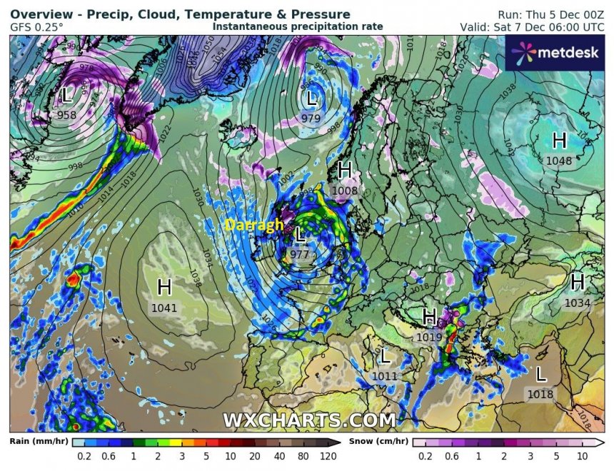 De storm Darrah in de prognose van het Met Office voor komende zaterdagochtend.