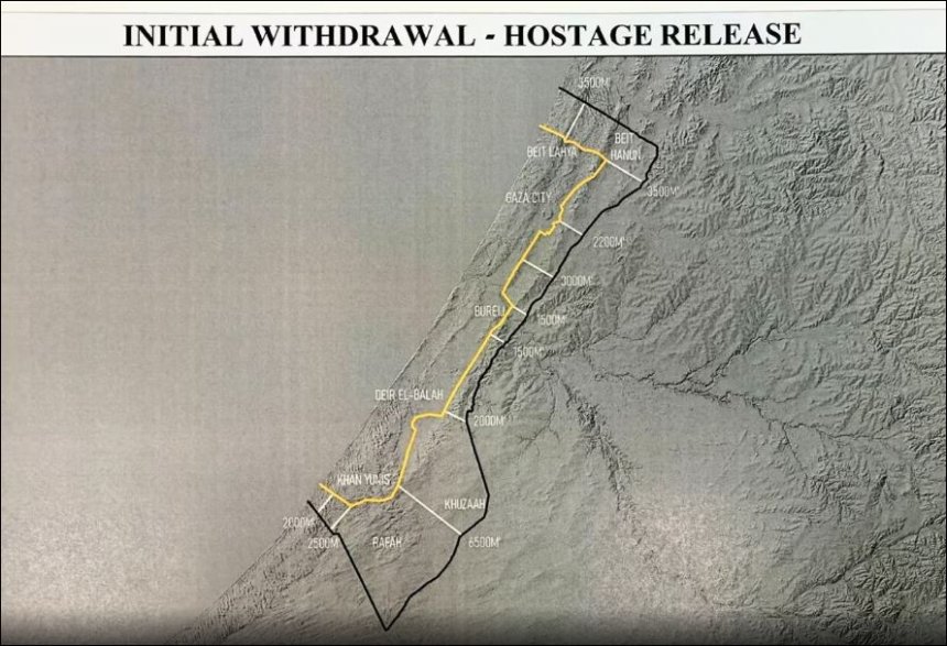 De gele lijn waarachter Israël zich in eerste in stantie zal terugtrekken. Kaart van Trump op Truth Social.